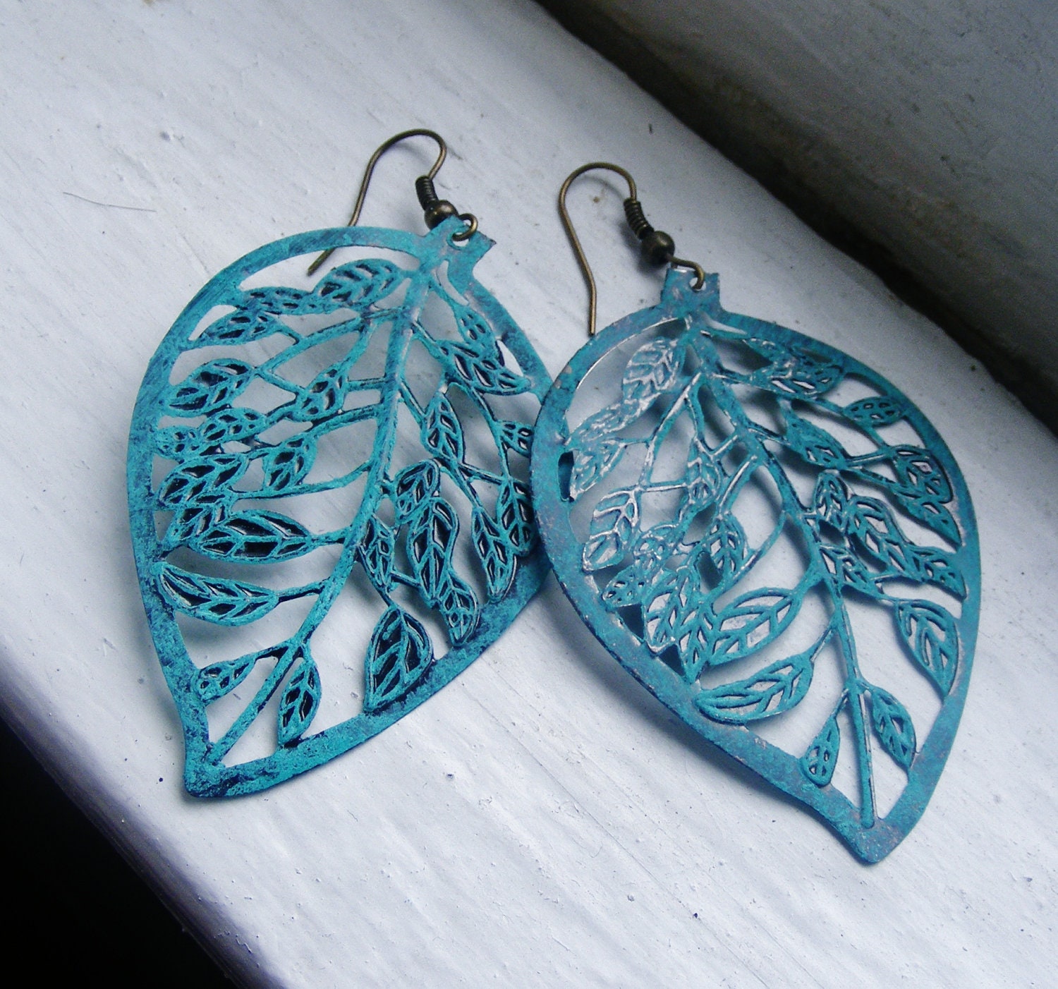 Turquoise Statement Earrings. Verdigris Leaf Earrings. Large Leaf Earrings. Large Earrings. Vintage Inspired. Shabby Chic.