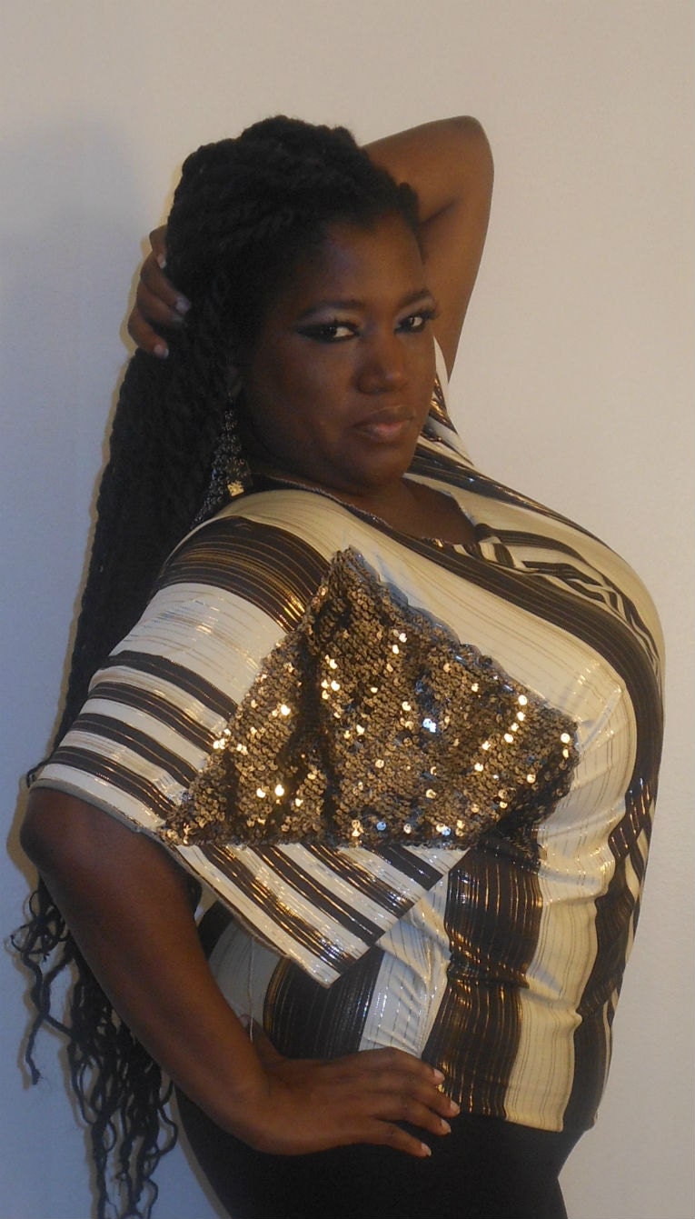 Rhonda - Posh N Petals Slinky Striped Gold Metallic Sequined  Embellished Blouse - XL  - 1X Plus Size