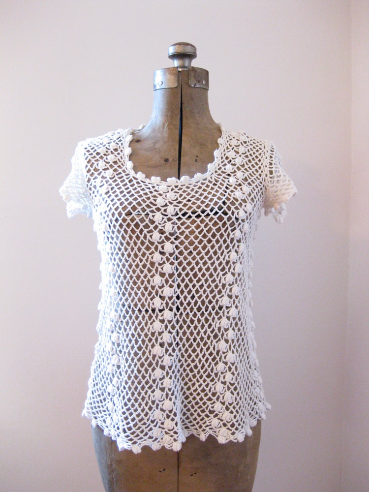 70s hippie blouse // cream crochet // small