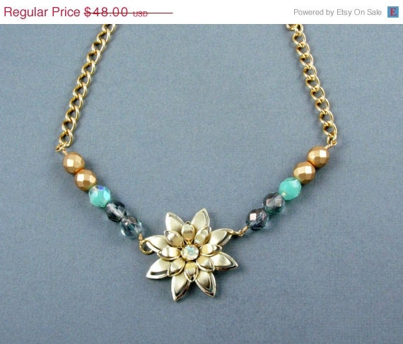 SALE Beaded Flower Necklace Vintage Gold Flower Colorful Strand Necklace Statement Necklace Spring Jewelry Aurora Borealis Gold  - Ella