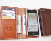The Best Gift for Father's Day. Personalized iPhone 5 Case in Soft Silicon / Card Case / ID case / Wallet in Light Whiskey Italian Calfskin