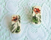 Vintage Painted Flower Earrings - Rectangle Clip Ons