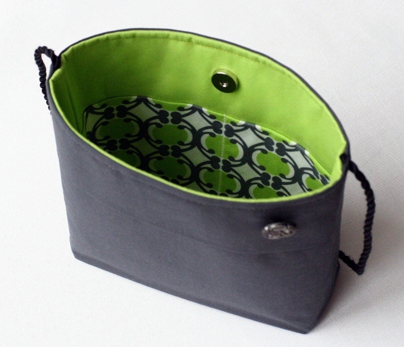 Small lime green and dark gray shoulder bag ... OOAK ... grey crossbody purse ... vintage button ... organic vegan cotton purse