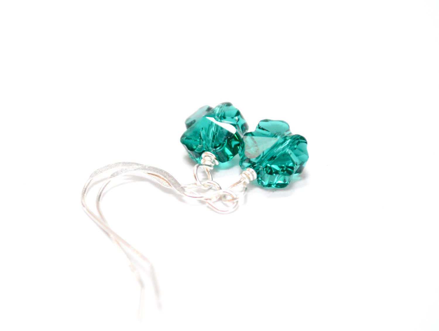 Green Earrings, Day Clover Shamrock Emerald Swarovski Sterling Silver Dangle Earrings  - Wish