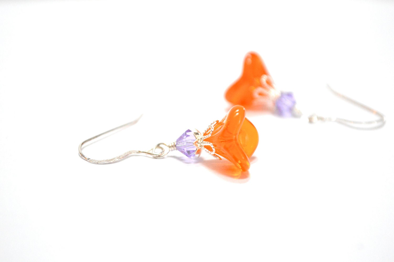 Tangerine Earrings, Orange Pumpkin Mango Flowers, Purple, Sterling Silver Dangle Earrings Bright Fall Fashion Gfit For Her Under 25