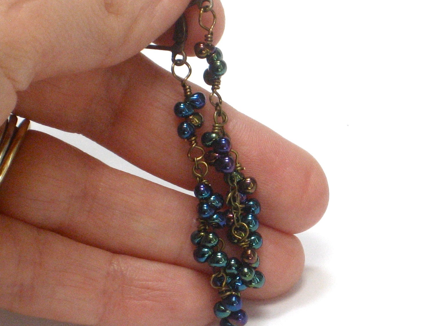 Purple Cluster Earrings, Eggplant Navy Green Metallic Rainbow Earrrings Long Fashion Jewelry Gift Under 20 - Grapes