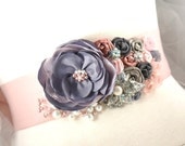 Bridal Sash in Pink and Grey with Satin, Taffeta, Brooch, Jewels and Pearls - Delicate Blossoms