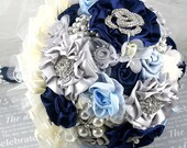 Brooch Bouquet Wedding Bouquet Navy Blue, Ivory, Silver and Powder Blue - Something Blue - SolBijou