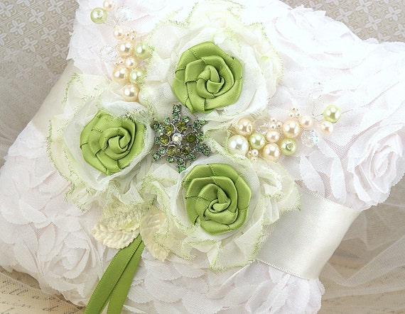 Ring Bearer Pillow Bridal Pillow in Ivory and Lime Green with Chiffon, Jewels and Pearls