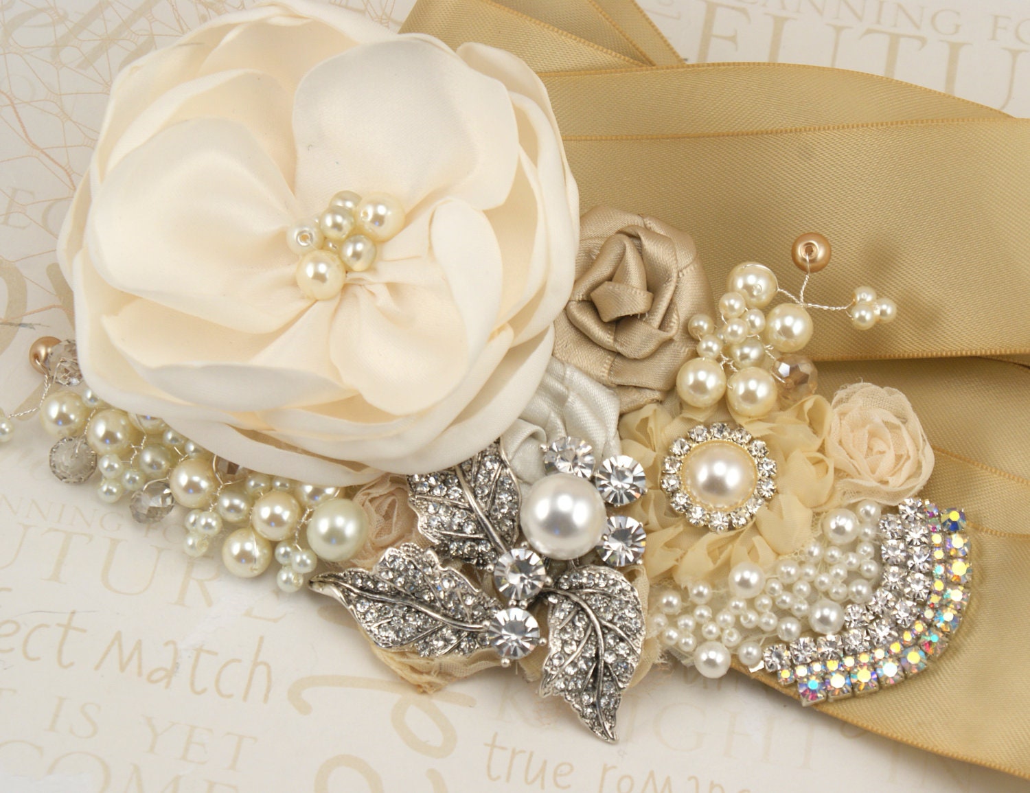 Bridal Sash Wedding Sash in Champagne, Gold and Ivory with Pearl and Jewels