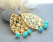 Turquoise earrings, Turquoise chandelier earrings, Turquoise and gold earrings, teardrop earrings, gold filigree earrings