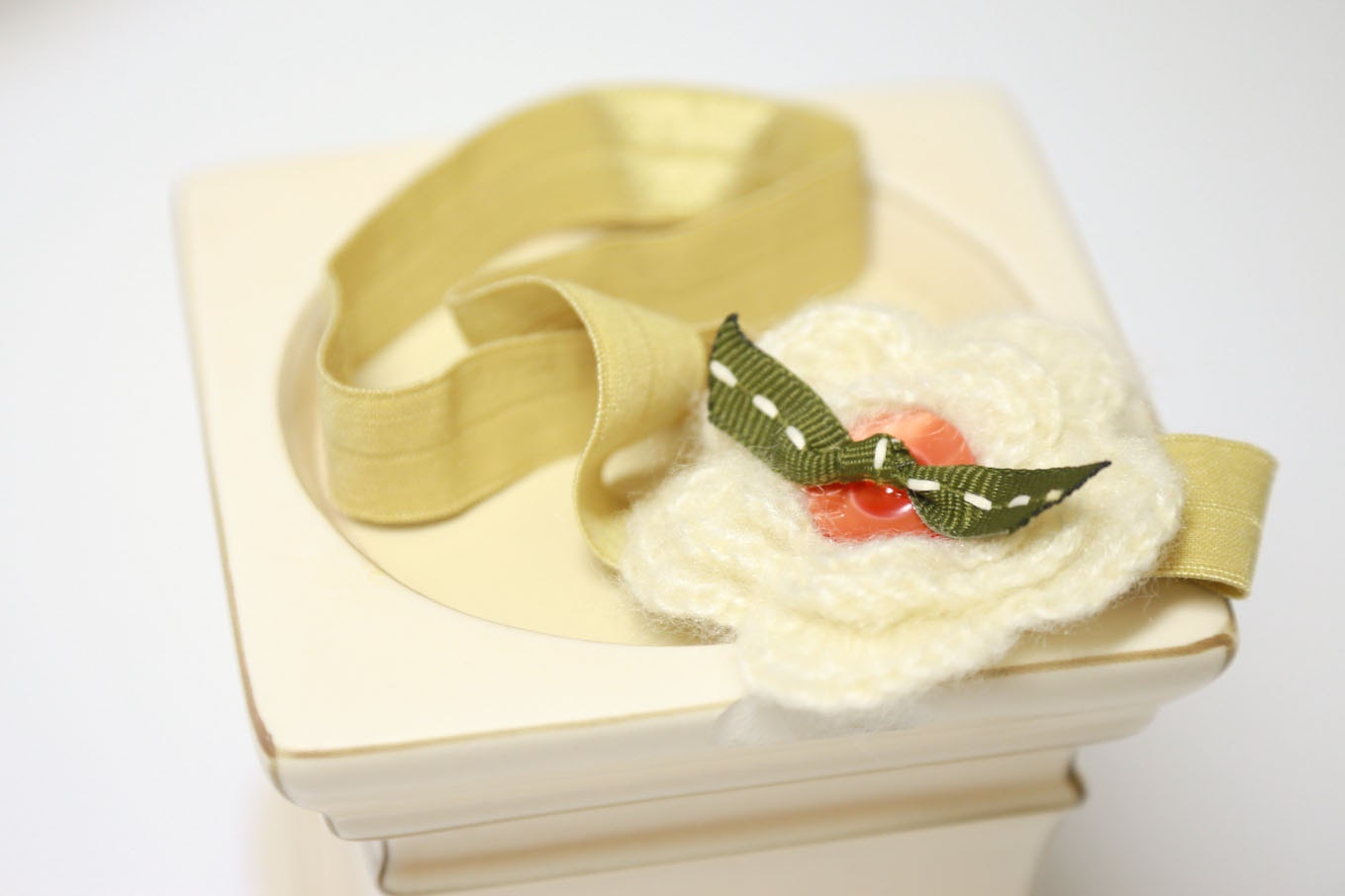 IRISH CABBAGE - Crochet Flower Headband in Antique Ivory, Lemongrass, Olive and Coral Orange