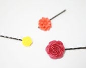 FRUIT PUNCH - Set of Three - Flower Cabochon Button Bobby Pins in Dark Magenta, Dark Orange and Dark Yellow