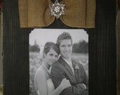 Distressed Chocolate Brown or Black Wood Board Frame with Burlap Bow and Crystal Brooch Beautiful for Wedding, Baby, Family Photo