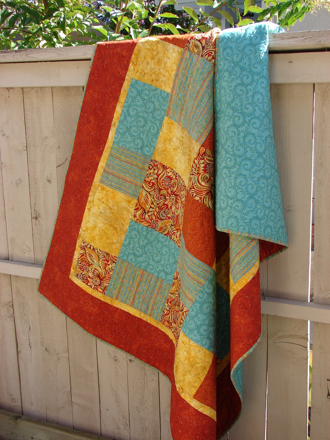 Modern Patchwork Picnic Blanket Lap Quilt Bed Coverlet Tangerine and Teal