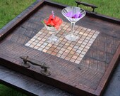 Large Ottoman Tray, Copper Mosaic Tile Centerpiece, Reclaimed Wood, Dark Brown Finish, 24 x 24, Handmade