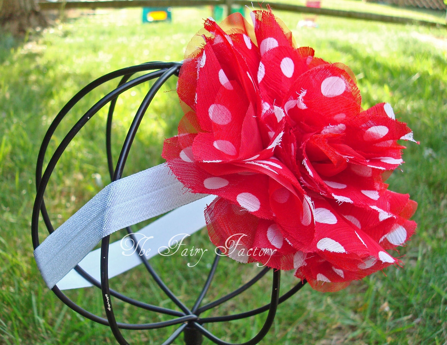Red and White Polka Dot Chiffon and Organza Rose Stretchy Headband or Hair Clip - Minnie Mouse Inspired - Infant Toddler Girl