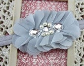 Light Gray Flower Headband, Gray Chiffon Flower Puff w/ Pearls & Rhinestones Headband or Hair Clip - The Cecilia, Baby Child Girls Headband