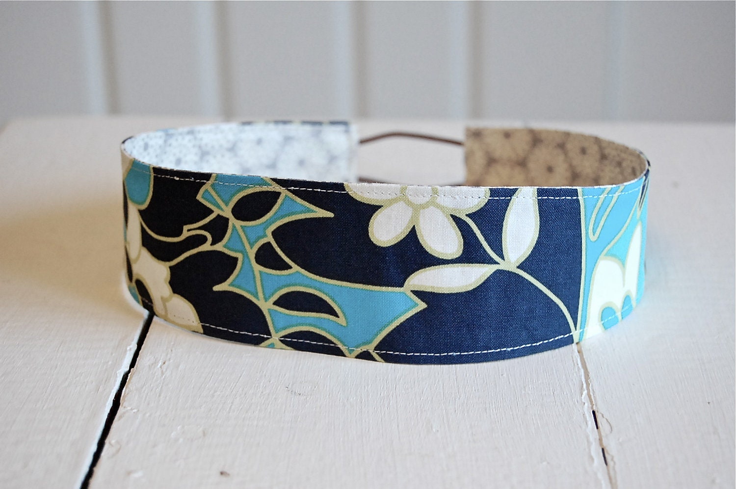 Wide Fabric Reversible Headband - Navy and Turquoise Floral with Cream and Gray Lace