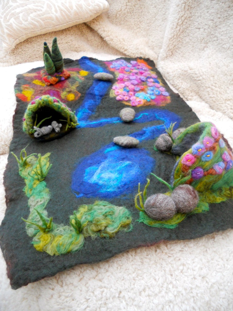 Waldorf Play scape Play mat with a cave, river, rocks, stepping stones, forest area and flower field Wet Felted Needle Felted
