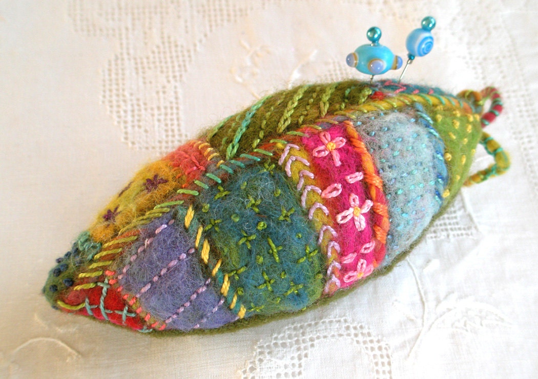 Pincushion Leaf with Hand Embroidery and Emery- Made to Order