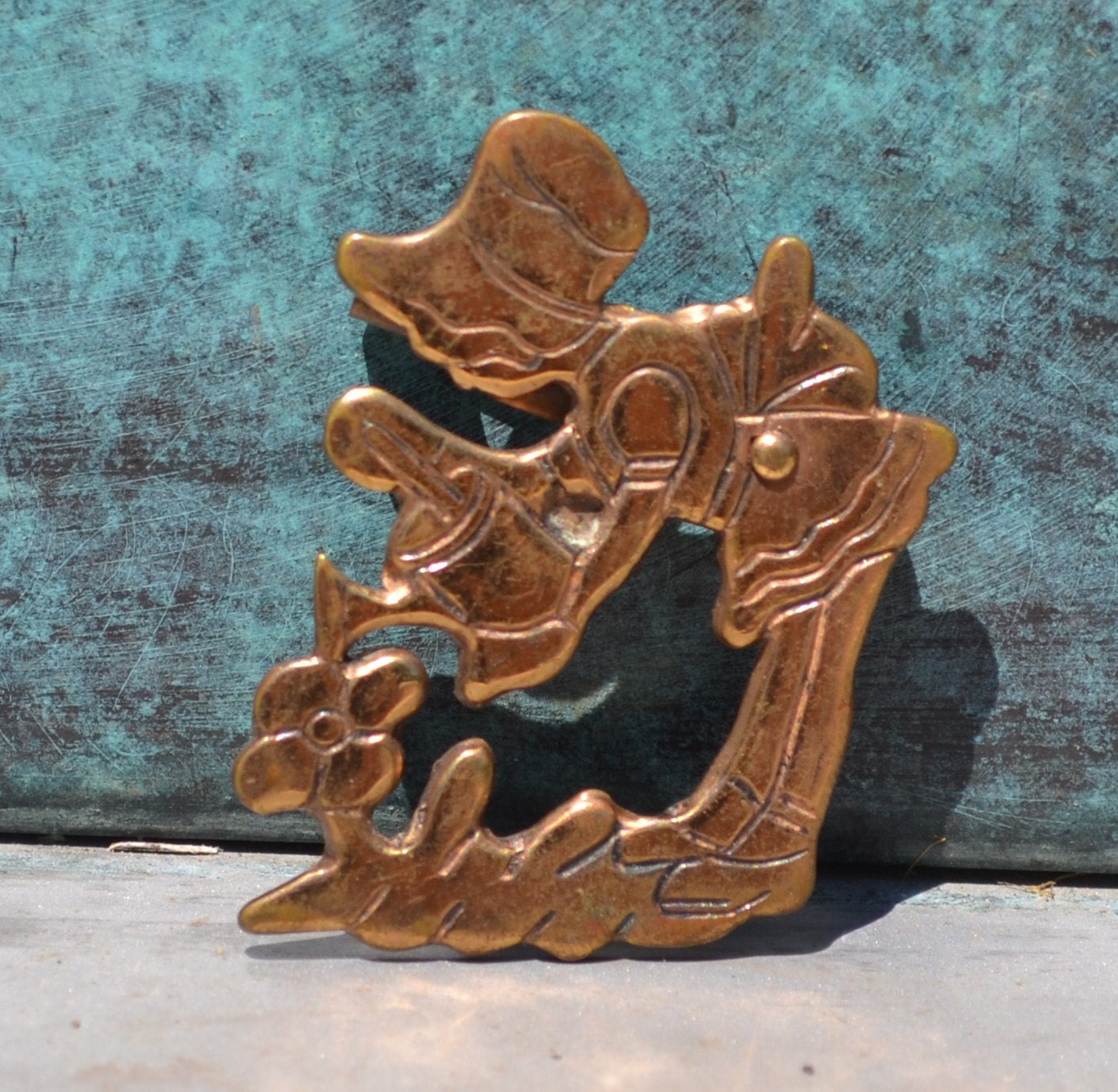 Girl with Watering Can Brass Figural Brooch Pin