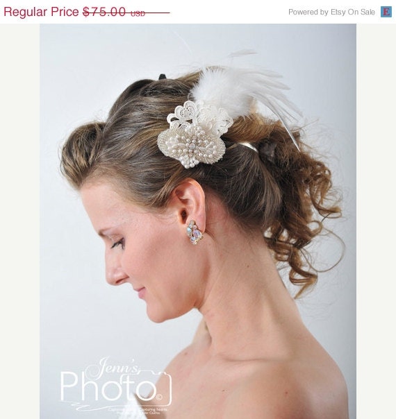 ON SALE Bridal headpiece,  Feathered headpiece, brooch, Pearl and Crystal clip, hair bridal accessories