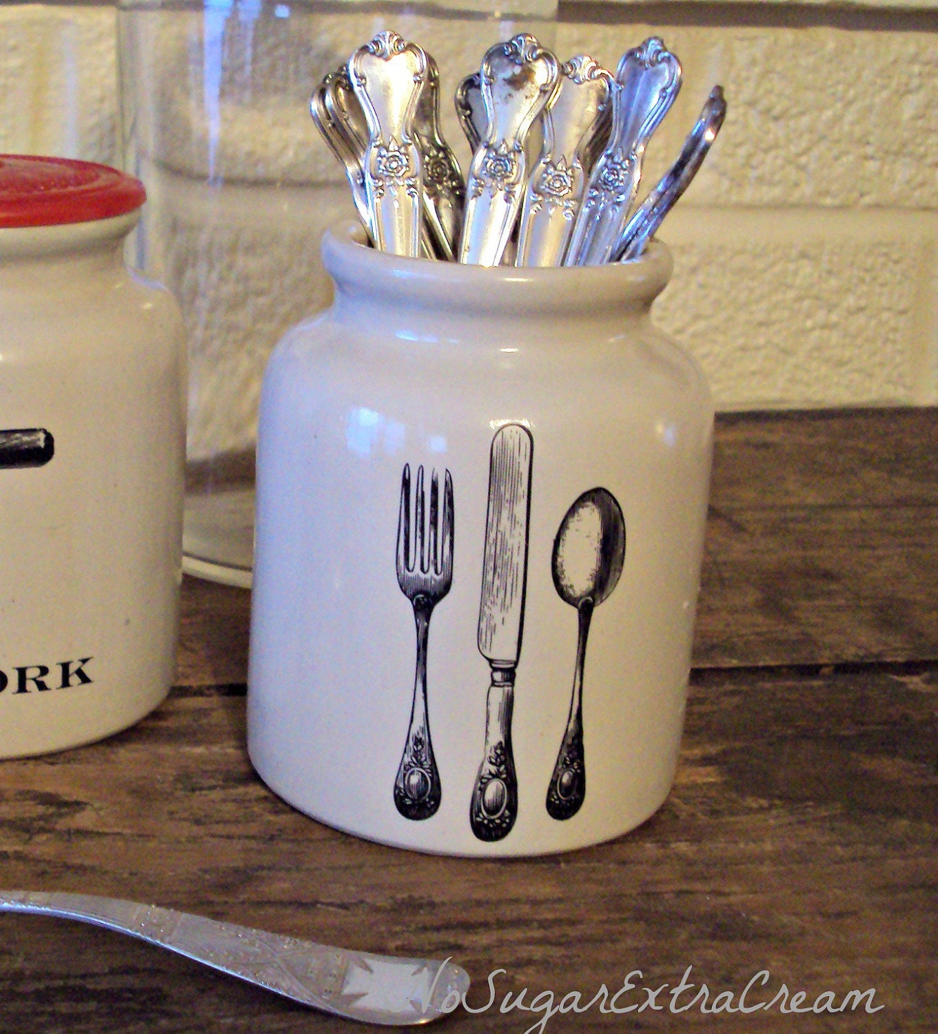 Vintage Mustard Crock Silverware French Mustard Jar Knife Fork Spoon Crock