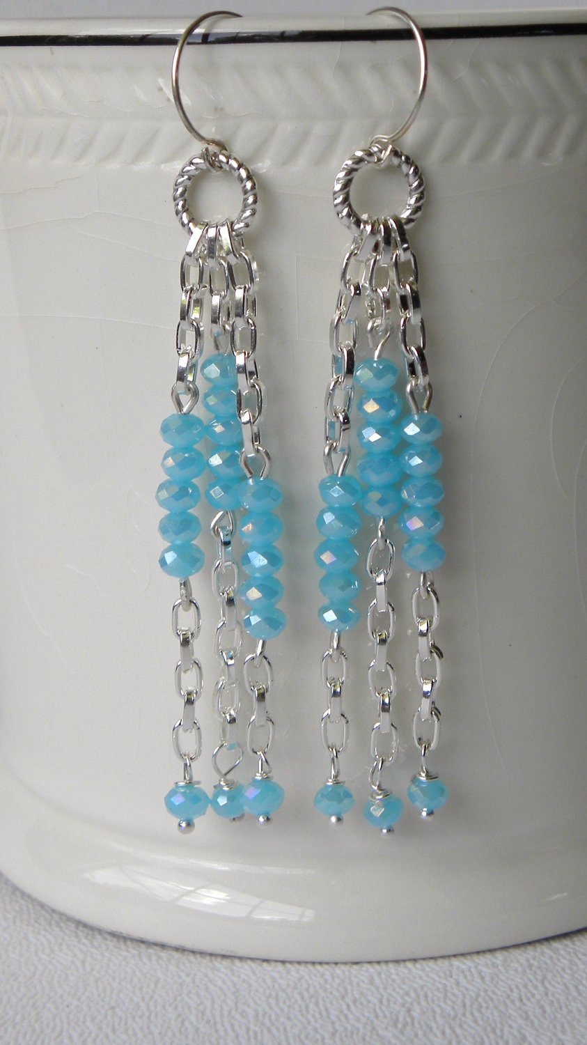 Aqua Czech Crystal Long Drop Handmade Beaded Earrings