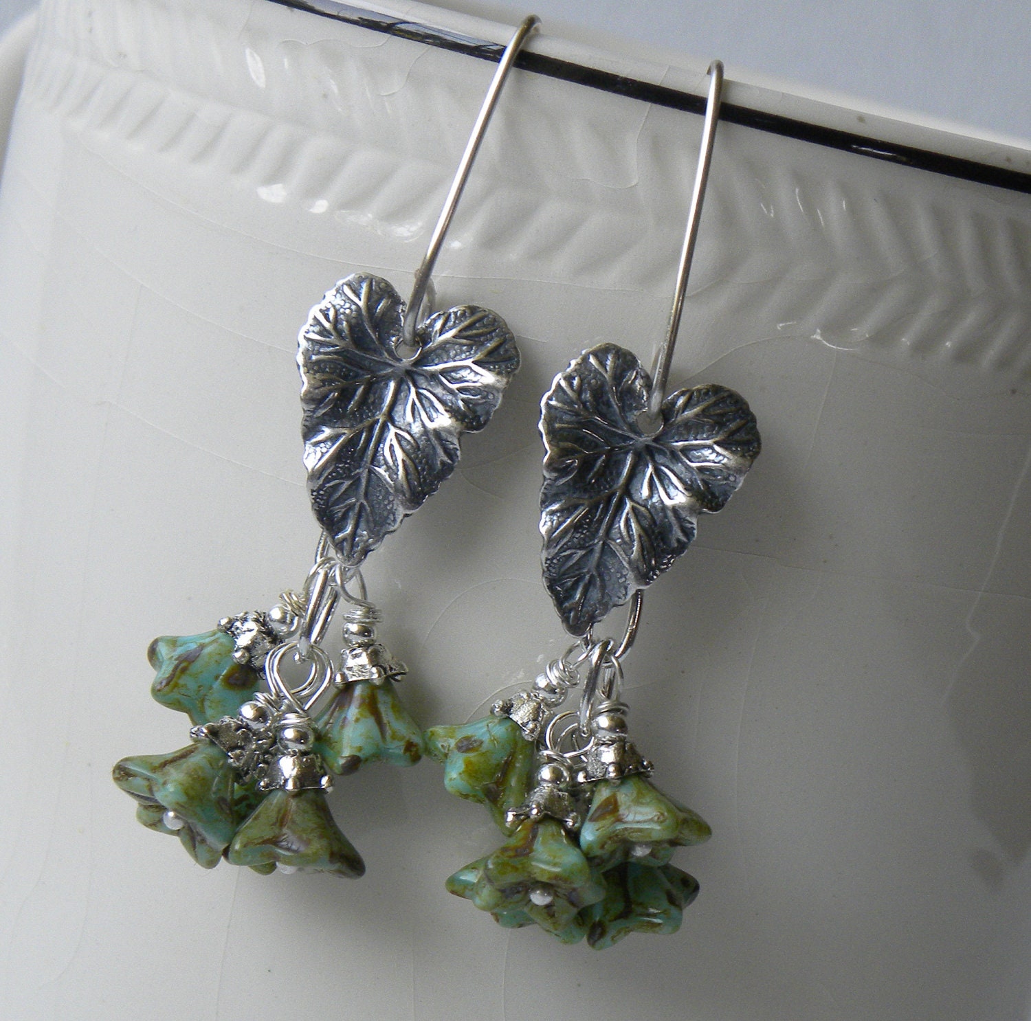 Sage Blossom Handmade Beaded Earrings Silver Leaves Czech Tulip Flowers
