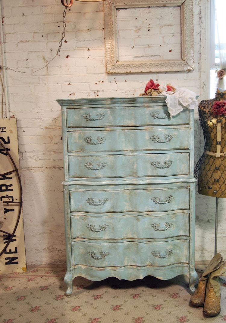 Painted Cottage Chic Shabby Aqua Romantic Dresser CH327