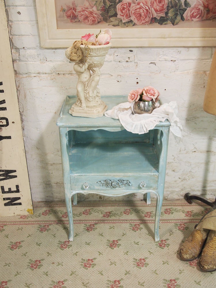 Painted Cottage Chic Shabby Aqua Romantic French Night Table NT435