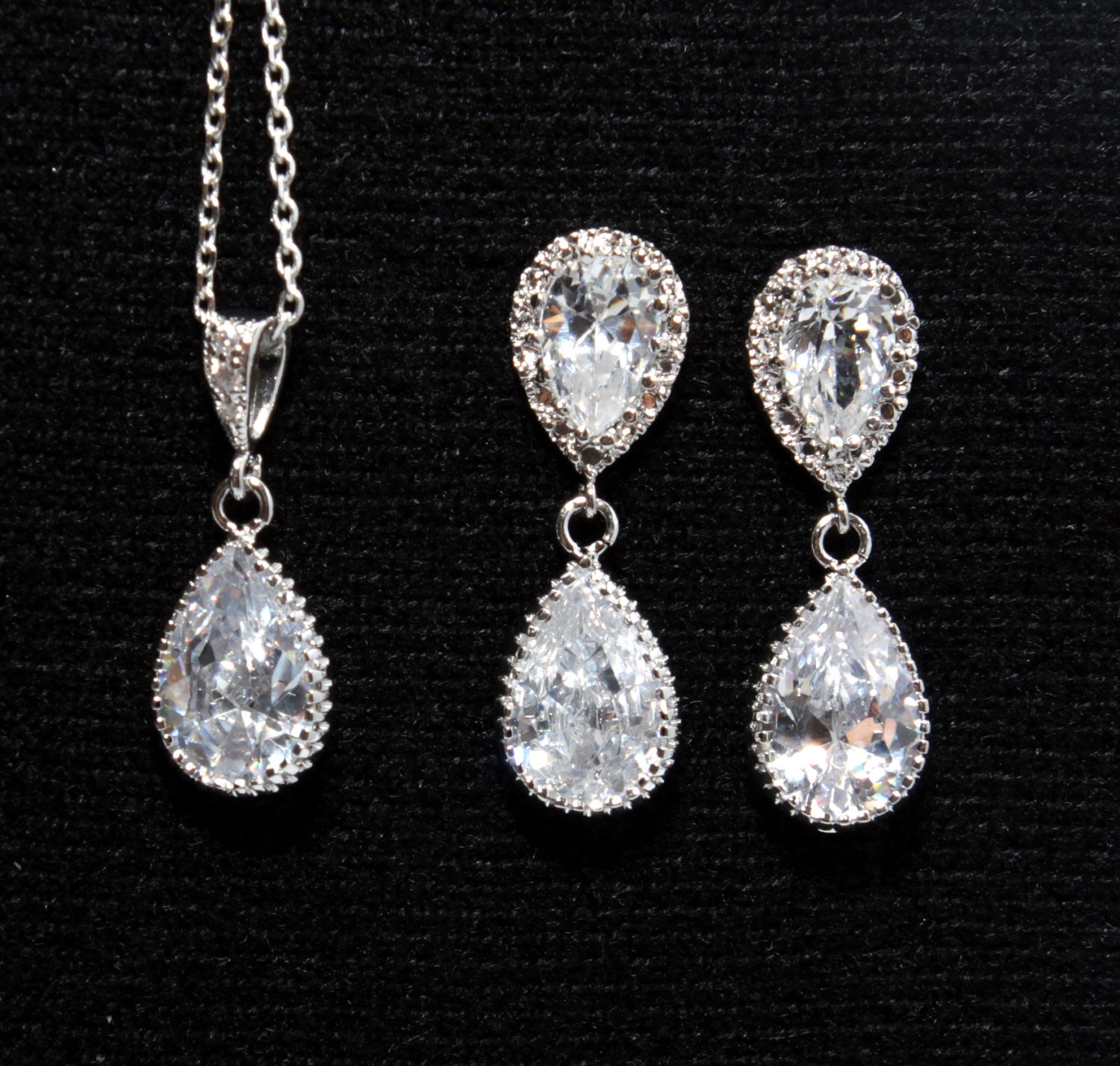 15% OFF SET of (10) - Darcy - Wedding Jewelry Set, Bridal Necklace, Earrings, Bridesmaids, Teardrop Cubic Zirconia Crystal, Sparkly Earrings