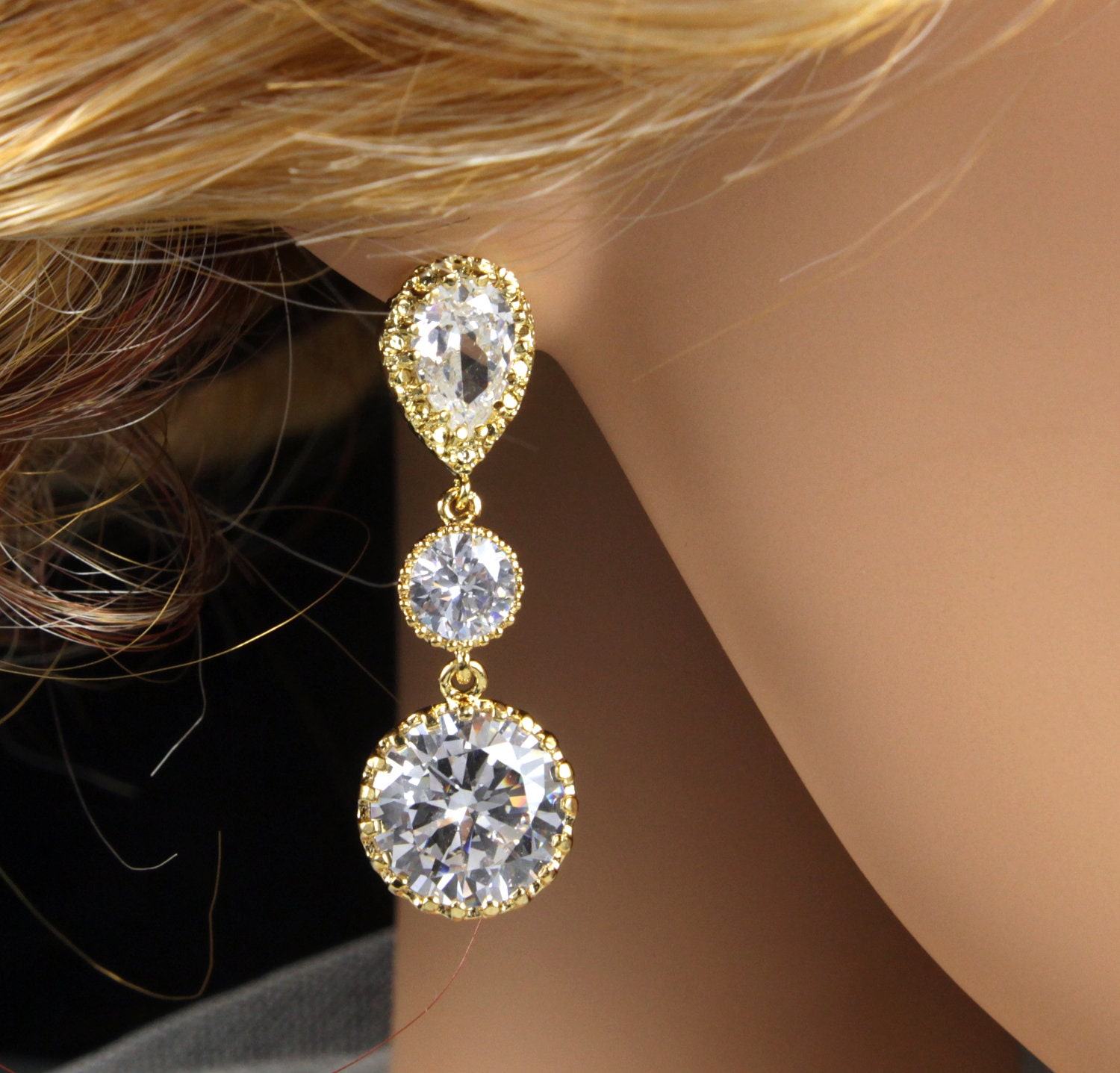 15% OFF set of (9) - Oda -Champagne Gold Teardrop Crystal Earrings, Bridal Earrings, Bridesmaids, Big Cubic Zirconia Crystal Drop Earrings