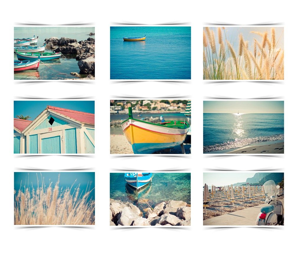 Sicily photo set 9 prints 5x7- italy photography wall art, water pink blue watercolor seascape pastel colours summer beach boats sea yellow