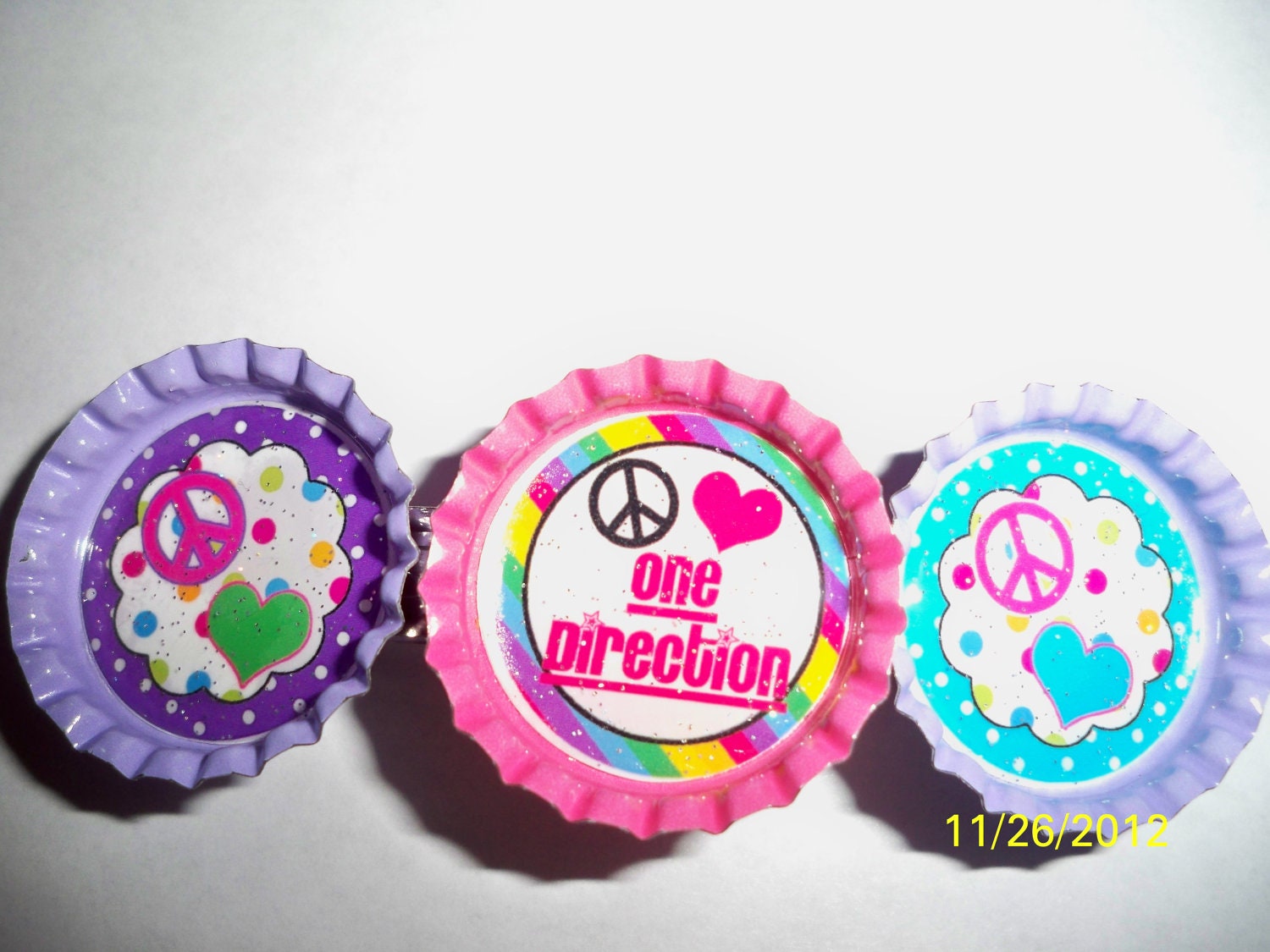 Peace Love One Direction 3 Bottlecap Barrette Pink Lavender Hearts and Peace Signs Party Favor