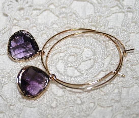 Amethyst Purple Drop Hoop Earrings, Purple Crystal Drop in Gold Hoop Earrings, Boho Chic Feminine Hoops for Her - February Birthstone