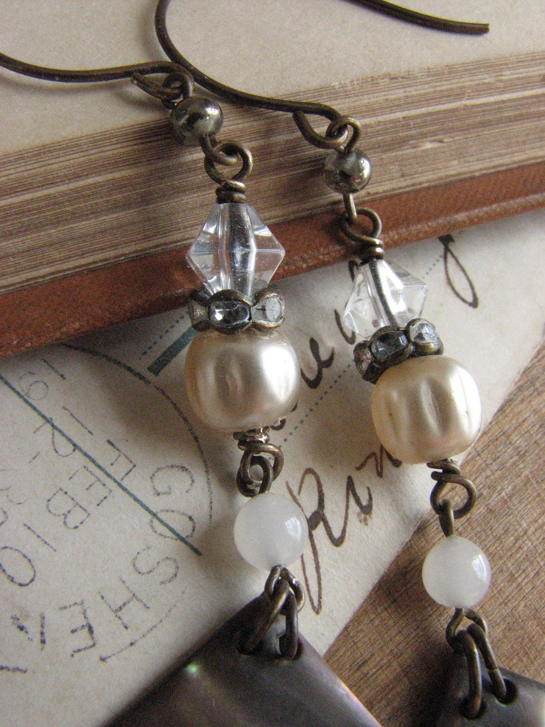 Antique Inspired Assemblage Earrings -shabby chic pearl and rhinestone dangle earrings-