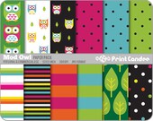 Mod Owl Paper Pack (12 Sheets) - BUY 2 GET 2 FREE - Personal and Commercial Use - green blue red orange white dots stripes