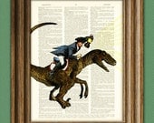 Paul Revere riding a velociraptor dinosaur beautifully upcycled dictionary page book art print