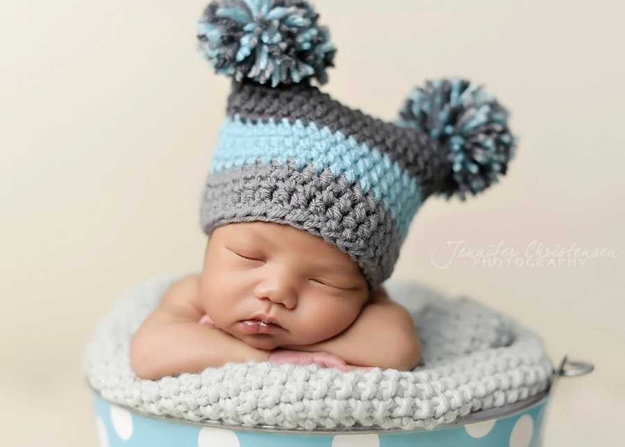 Pom Pom Hat in Aqua, Grey, and Charcaol