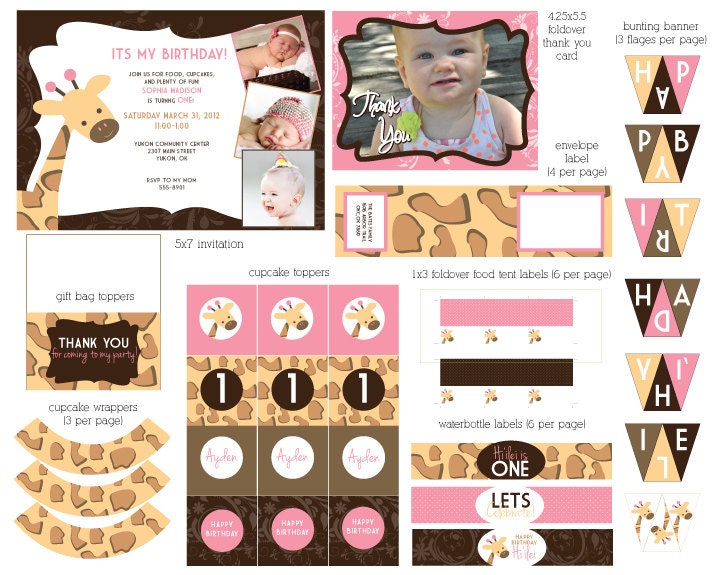 Giraffe Party Set - Invitation, Bunting Banner, Cupcake Toppers and lots MORE