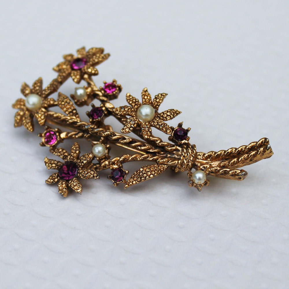 Vintage Golden Fuchsia, Amethyst and Pearl Floral Brooch