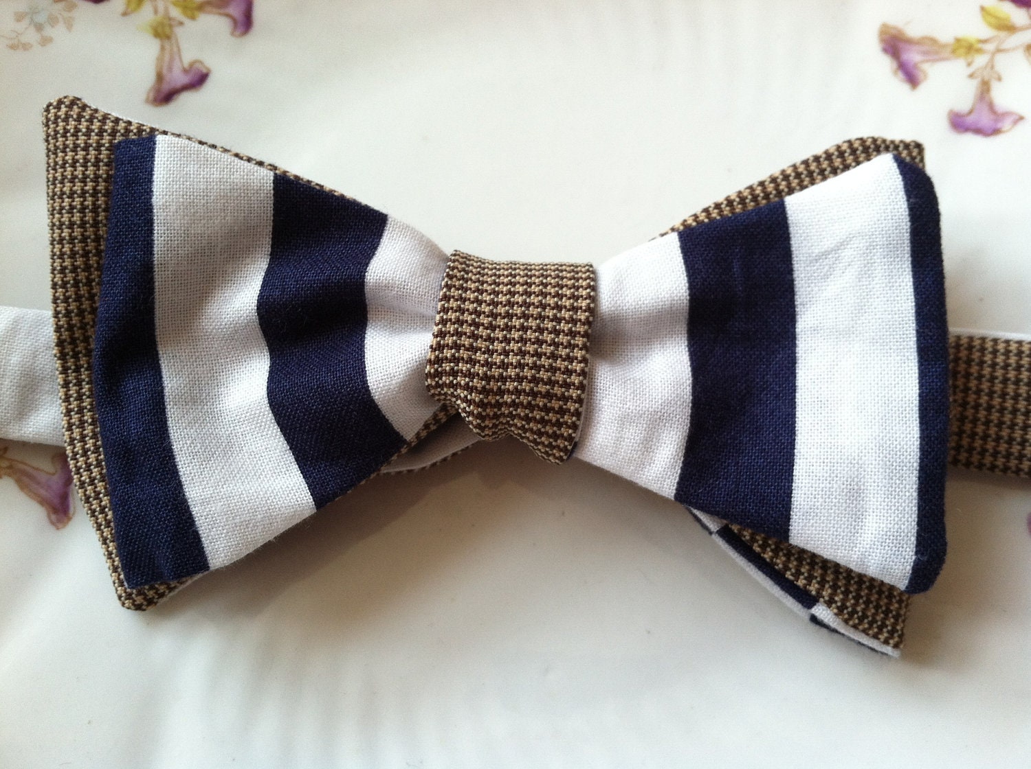 Tan Brown Houndstooth and Navy White Stripes Bow Tie