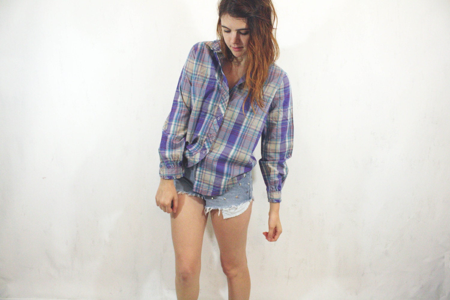 Purple and Plaid Button Down M