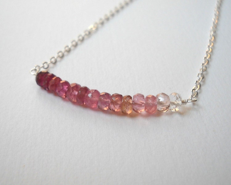 Pink Tourmaline Bar Necklace - Sterling Silver Beaded Ombre Row Necklace Beadwork Necklace
