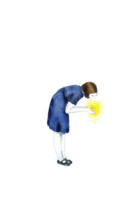 girl with the lightning bug, firefly, large postcard or poster, watercolor