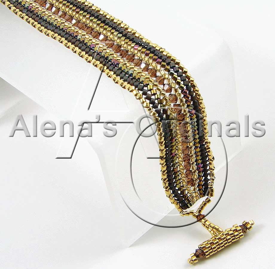 DISTINCTION Bracelet. 24 kt Gold Plated, swarovski, Crystal, Brown, Iridescent, Warm, Seed Bead, Elegant, Indigenous Arts, Nancy Morris