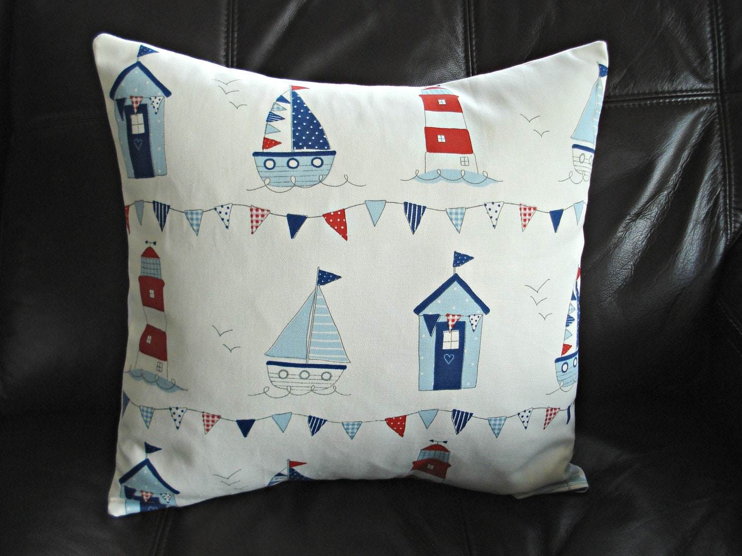 Decorative pillow bunting  beach huts boats lighthouse seaside nautical red white blue Cushion cover case sham  One 18 x 18  Home decor