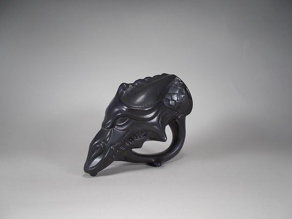 Wicked Dragon Beer Mug - Drinking Horn -  Satin Black Glaze - 22oz - Drink from a Dragons Head